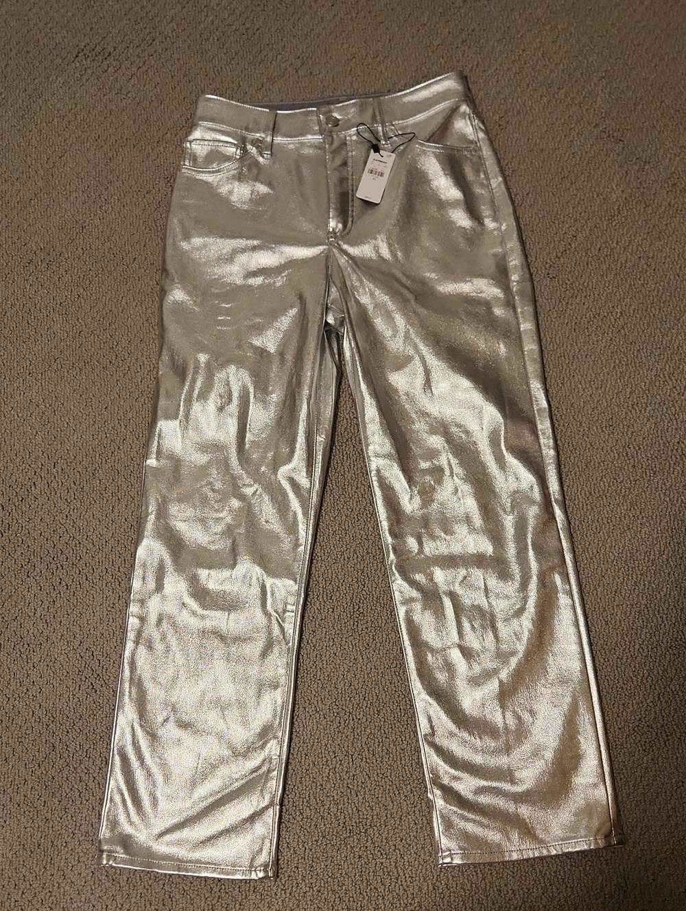NWT Express Silver faux Leather Straight-Leg Metallic Pants. Size 6 Short.